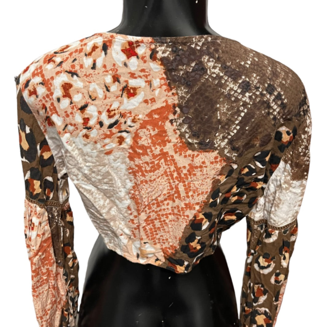 XS Raga Congo Women's Brown Multi Print Tie Front Crop Top Long Sleeve Blouse