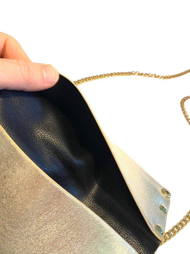 Gold Metallic Slim Crossbody Studded Chain Strap Purse New Designs By Liza Kim