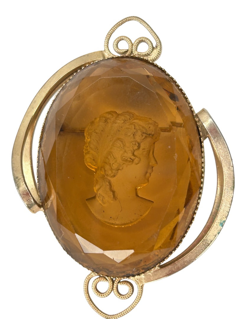 Amber Colored Intaglio Cameo Brooch Pin Goldtone Reverse 2 1/4"