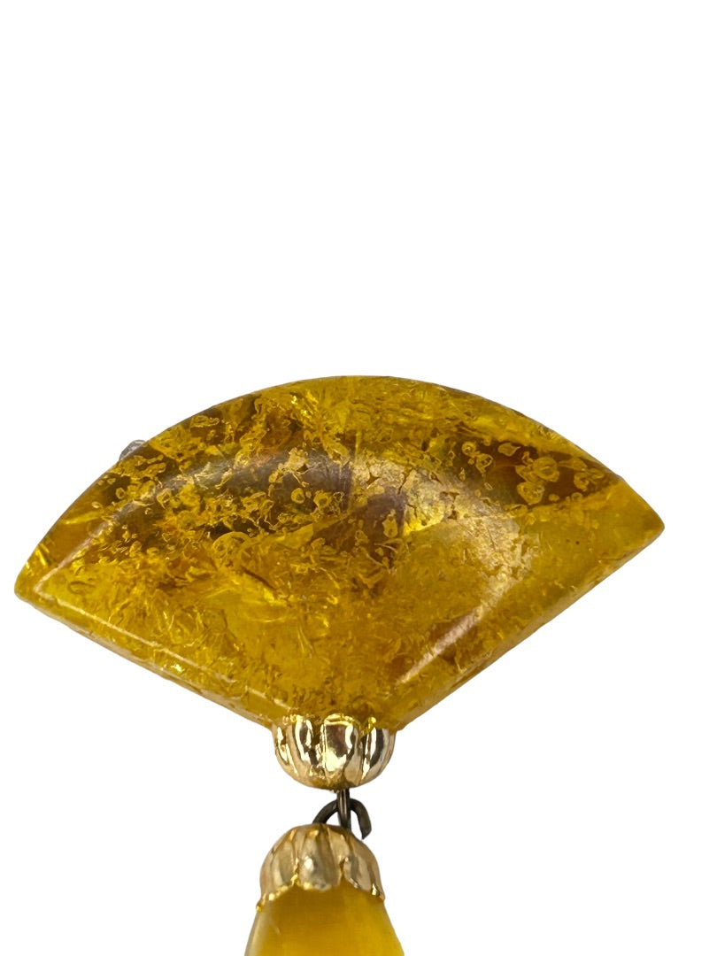 Vintage Yellow Faux Amber Resin Art Deco Style Brooch Pink 2.5" Drop
