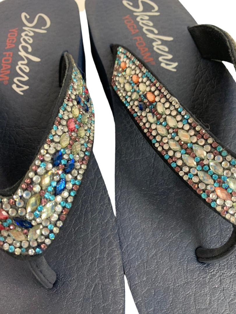 Size 8 Skechers Yoga Foam Platform Flip Flop Sandals Jeweled Navy Blue