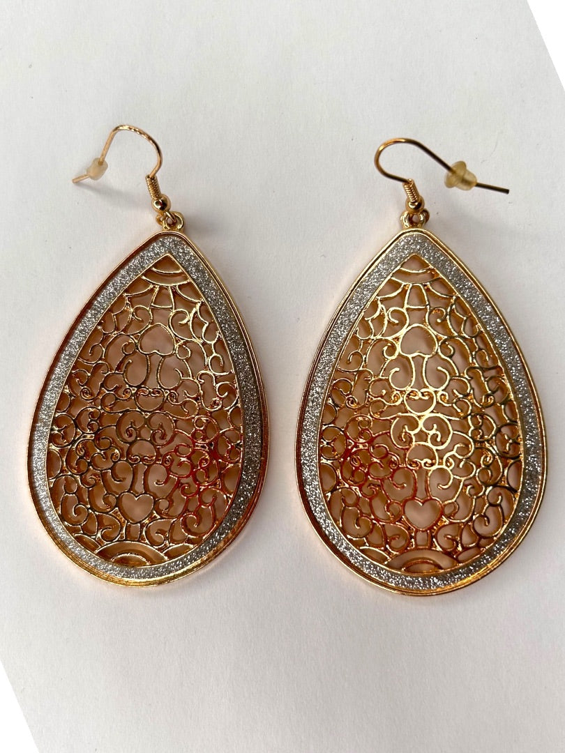 Goldtone Filigree Cutout Earrings Teardrop Shape Pierced Hook 2.25" Drop Dangle