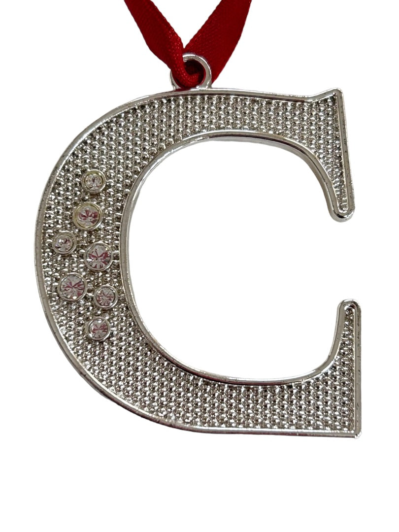 Harvey Lewis Silvertone "C" Initial Ornament 2" on Red Ribbon