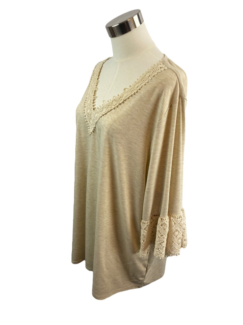 2X Ruby Rd Women's Oatmeal V-Neck Crochet Trim Pullover Top Shirt