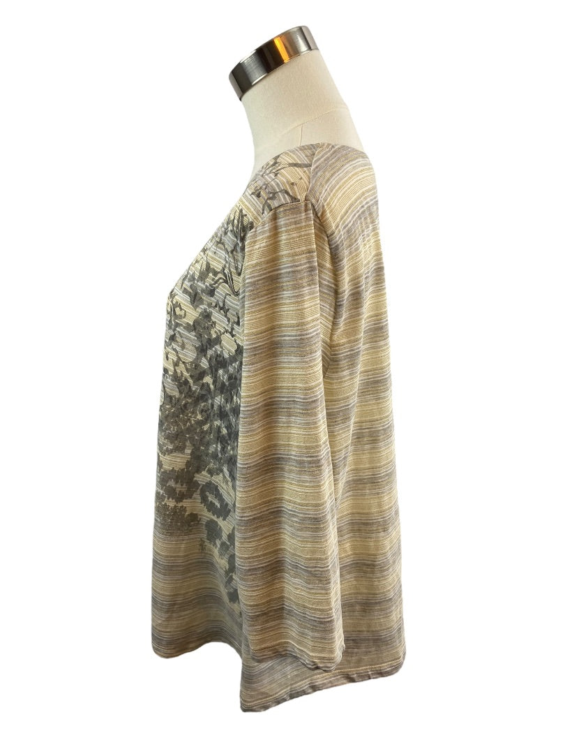 Large Zenergy by Chico's Scoop Neck 3/4 Sleeve Tshirt Metallic Gold Gray Print