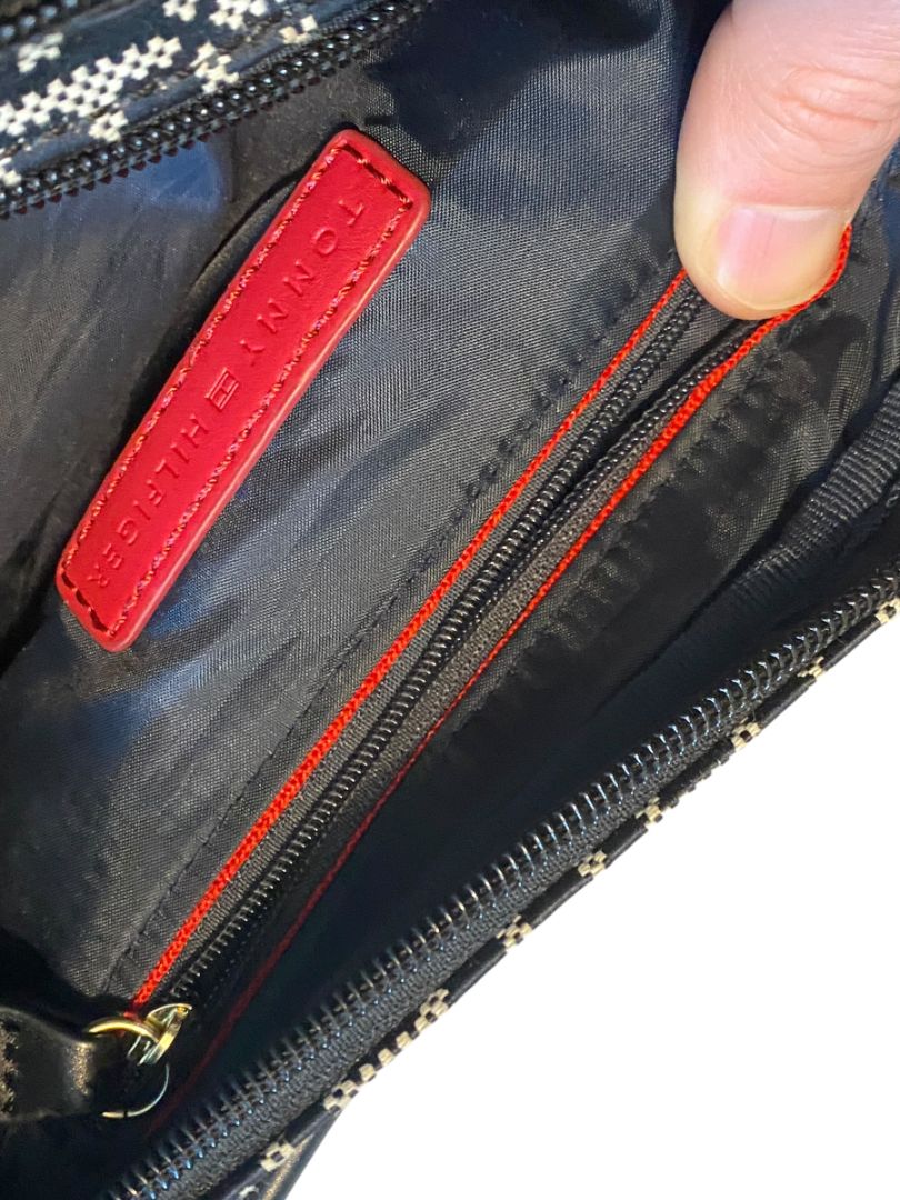 Tommy Hilfiger Crossbody Monogram Dual Zip Pocket Shoulder Bag Black White