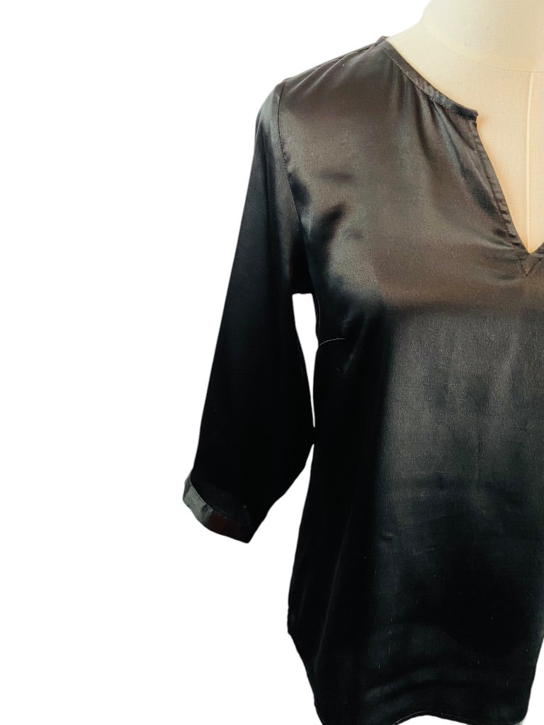 XS The Limited Womens Black Satin 3/4 Sleeve Pullover Split Neck Blouse