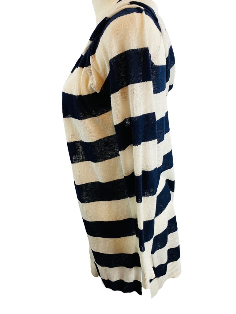 XS LOFT Womens Navy Blue White Striped Linen Blend Sweater Hooded Lightweight