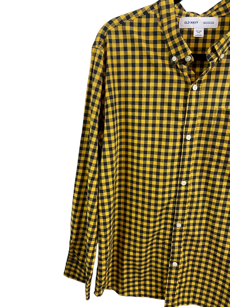 XXL (18) Old Navy Boys Yellow Navy Blue Check Button Down Dress Shirt