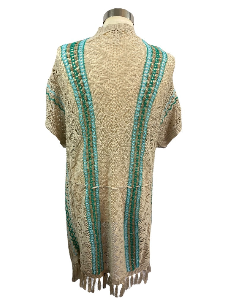 Small Chico's Women's Summer Linen Boho Fringed Loose Knit Cardigan Sweater