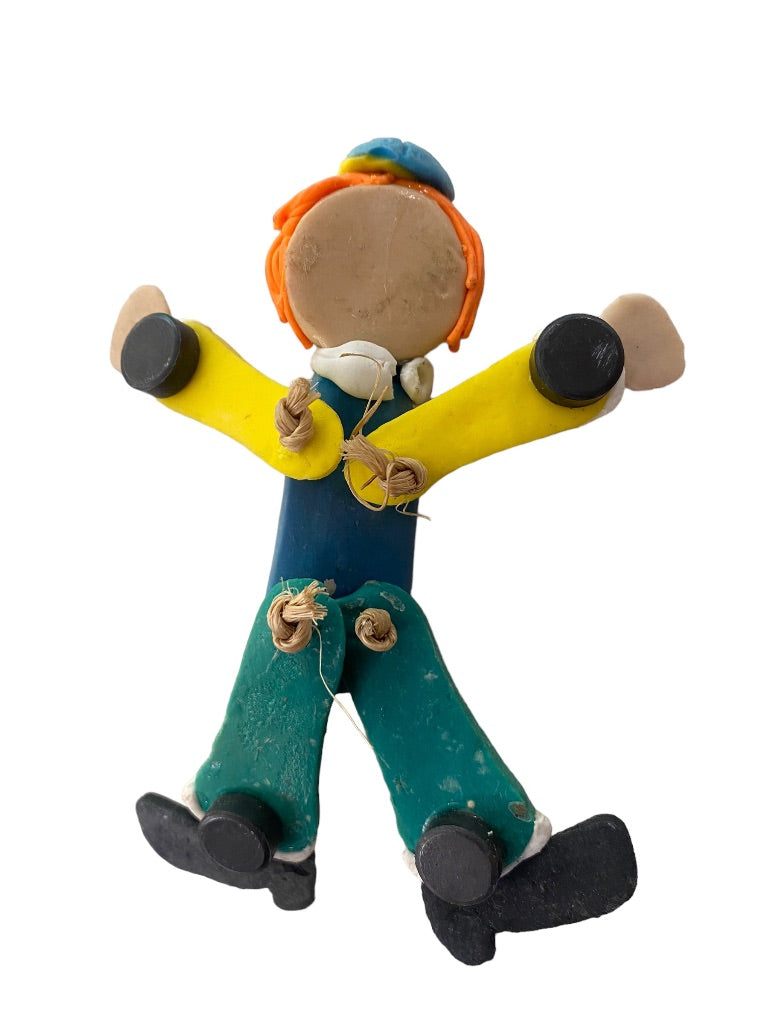 Handmade Clay Clown Articulated Magnet 5" Blue Green Yellow with Cap