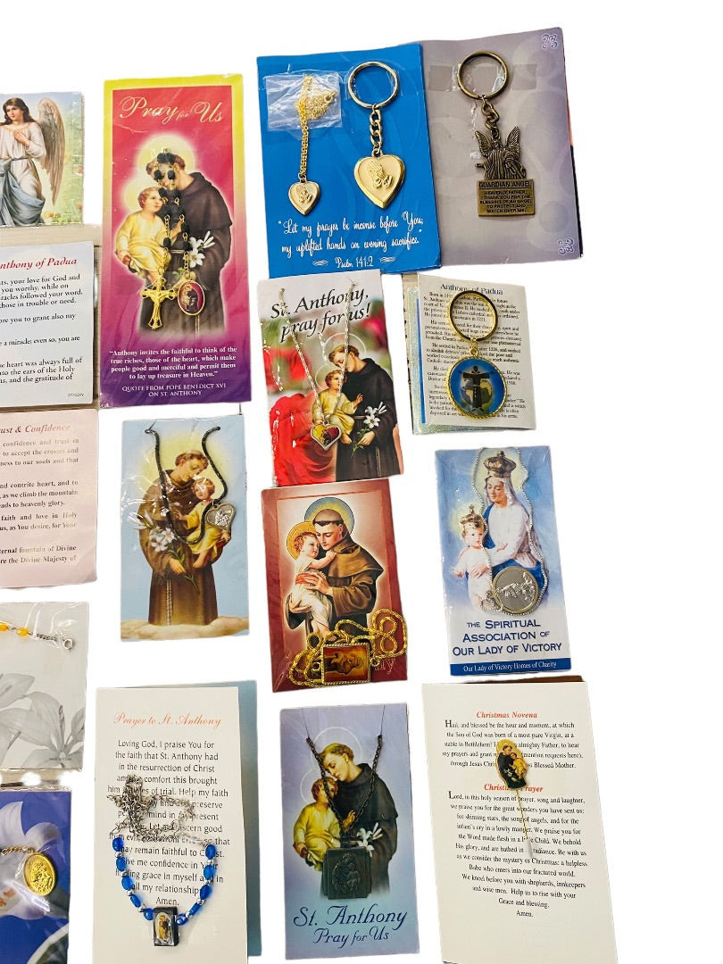 Lot of 16 Assorted Catholic Christian Prayers Cards Jewelry Saints Key Chain Cross Vintage