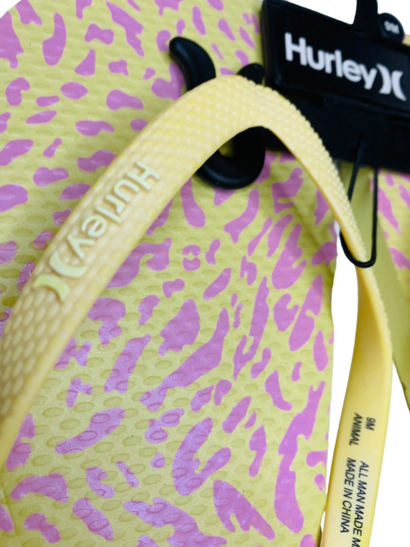9M Hurley Womens New Animal Flip Flops Yellow Pink Cheetah Sunrise