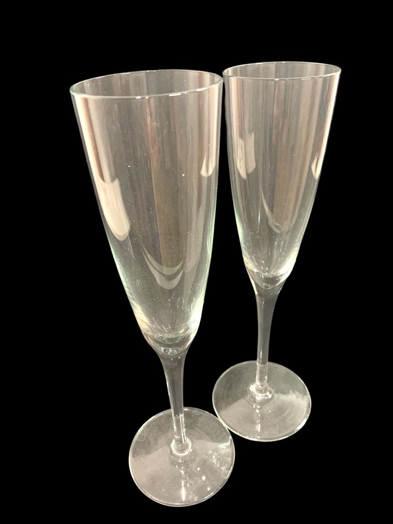 Set of 2 Vintage Clear Glass Champagne Flutes Glasses Pair 9.25 Inches