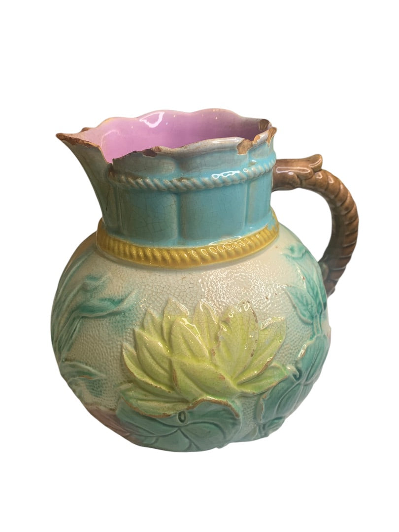 Samuel Lear Majolica Pitcher Water Pond Lily Rope Antique Victorian Chips