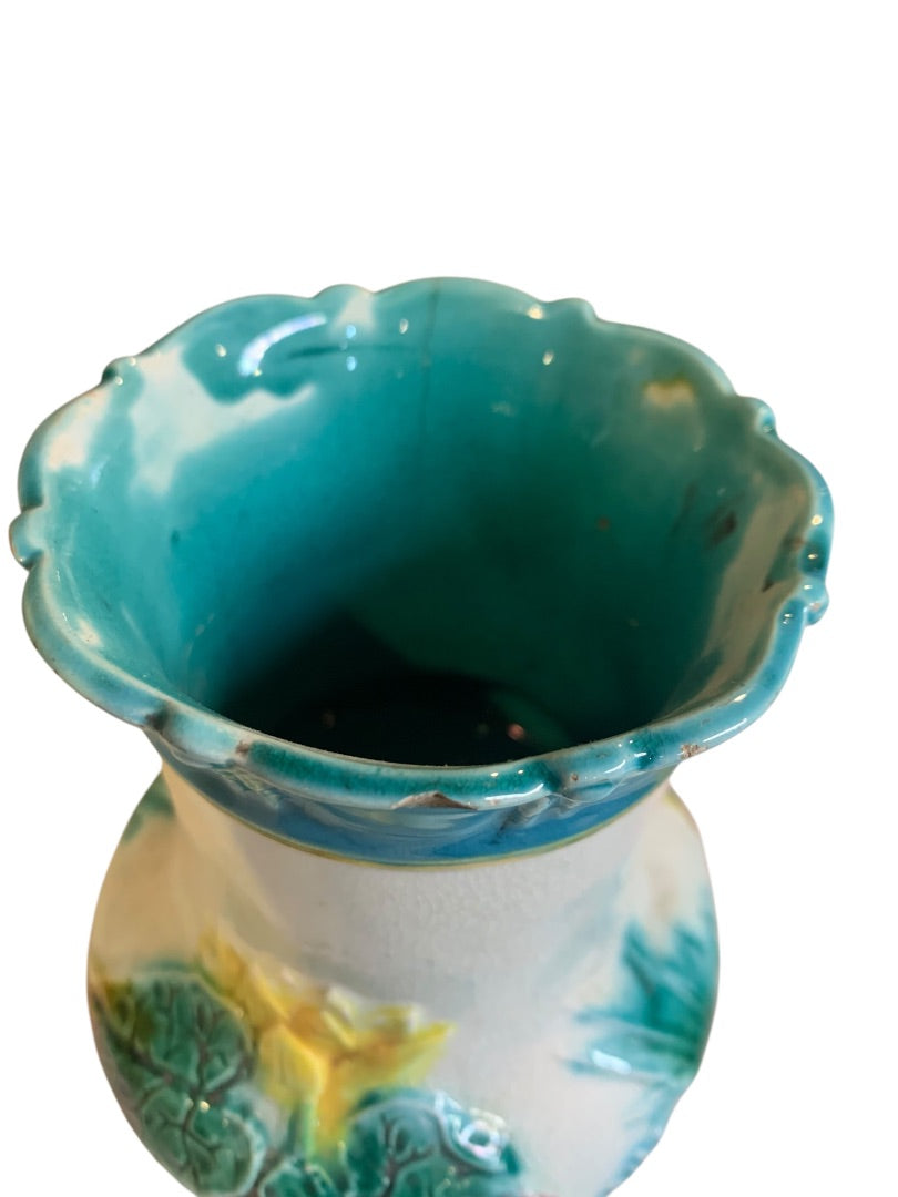 Antique Majolica Lily Pond Pitcher Pottery 5 Inch Vibrant Color