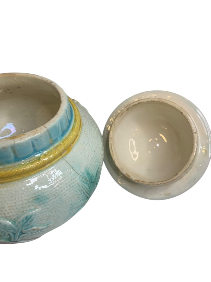 Antique Majolica Lily Pond Lidded Jar Blue Yellow Flower