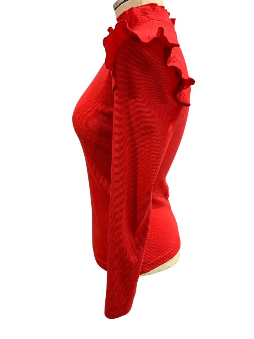 XS Womens Red Ribbed Ruffle Shoulder Shirt Long Sleeve Knit