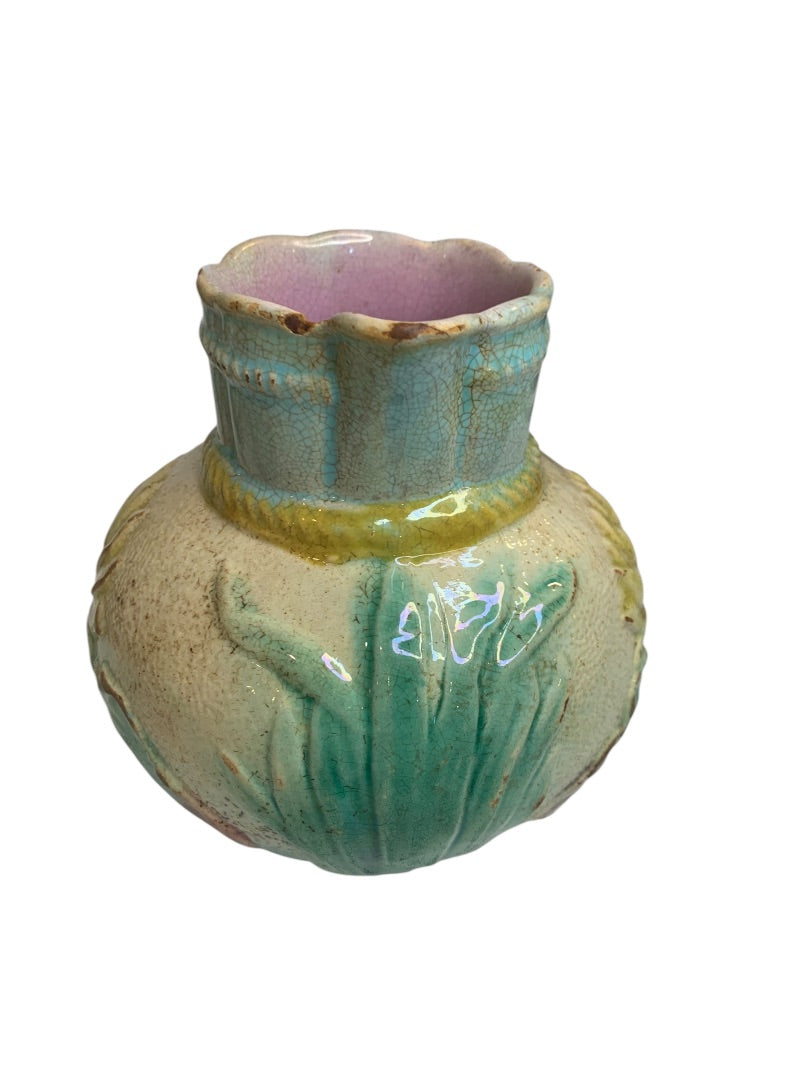 Antique Majolica Water Lily Pond Rope Pitcher Pottery 5 Inch