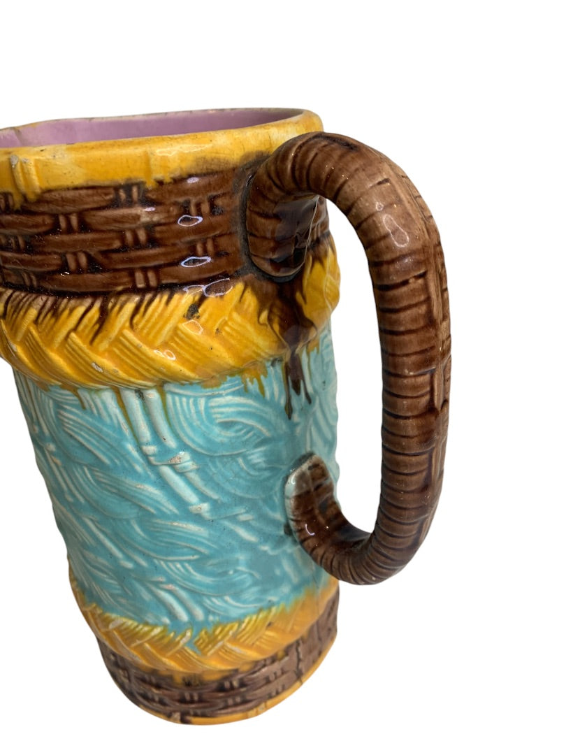 Antique Majolica Basket Weave Cable Pitcher Pottery 7.5 Inch Vibrant