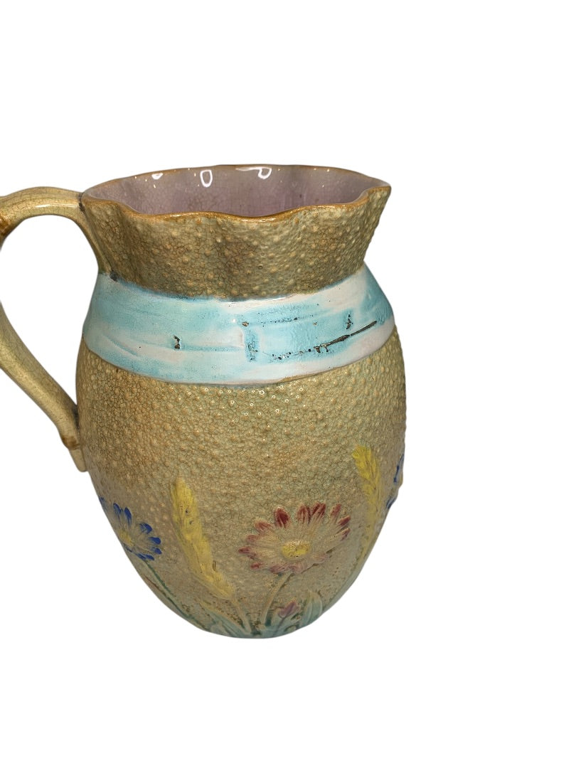 Antique Majolica Pitcher Pottery Wildflower Blue Bow Flower 7.5 Inch