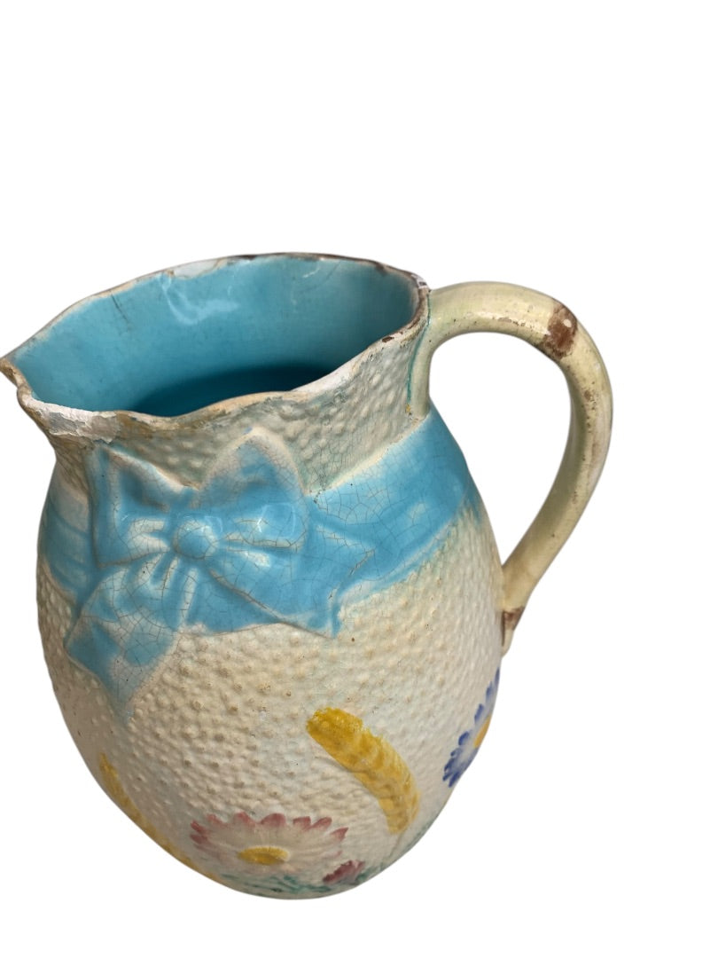 Antique Simon Fielding Majolica Pitcher Pottery Wildflower Blue Bow 6 Inch