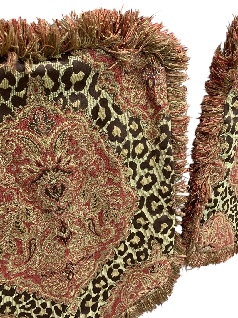 Set of 4 Pillow Covers Animal Print Fringed 18 Inch Square Zip Closure