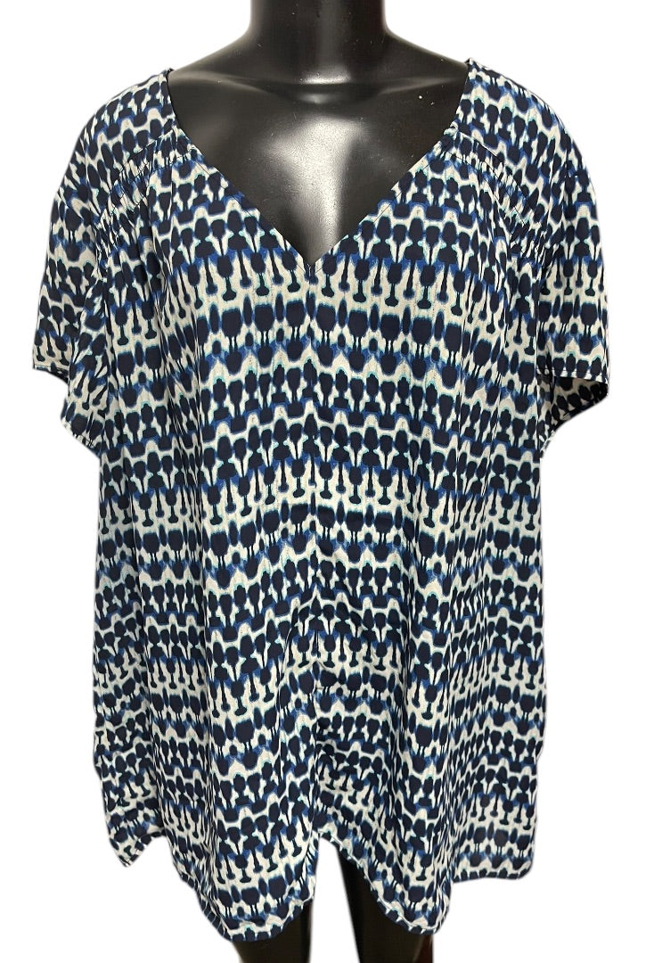 Size 24W Sejour Capsleeve V-Neck Womens Geometric Patterned Shirt Blouse Blue
