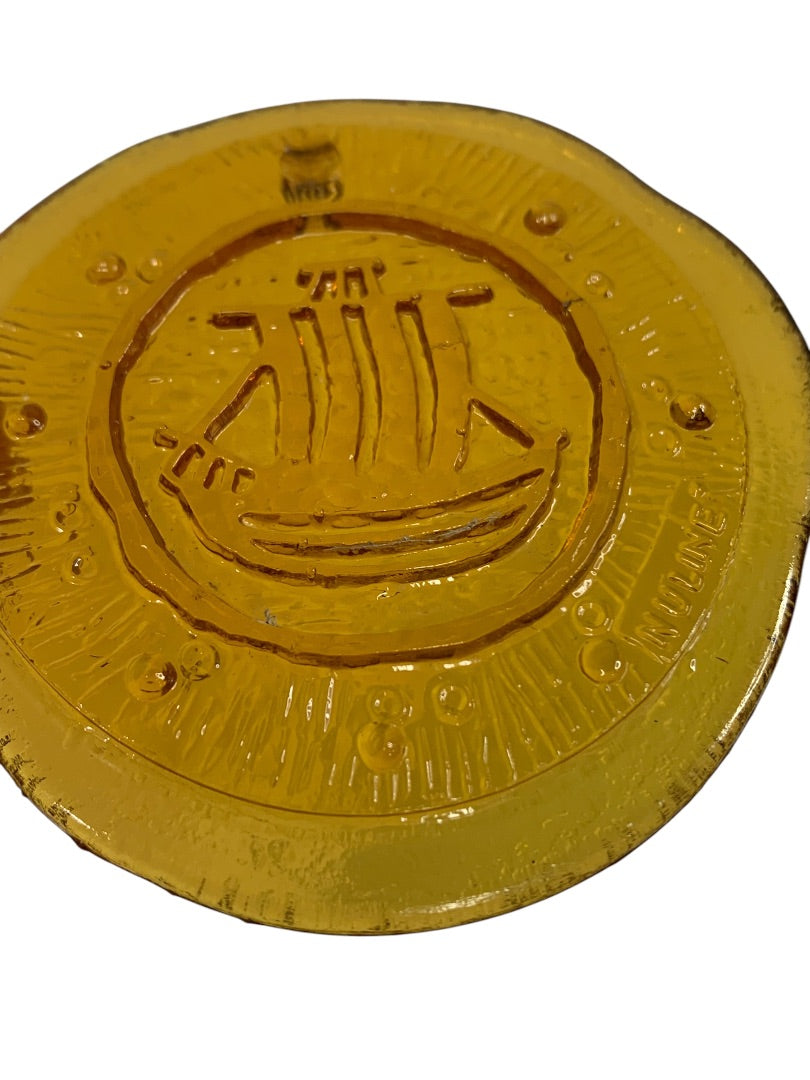1960s Nuline Wheaton Amber Glass Suncatcher Small Ship 2.5 Inch