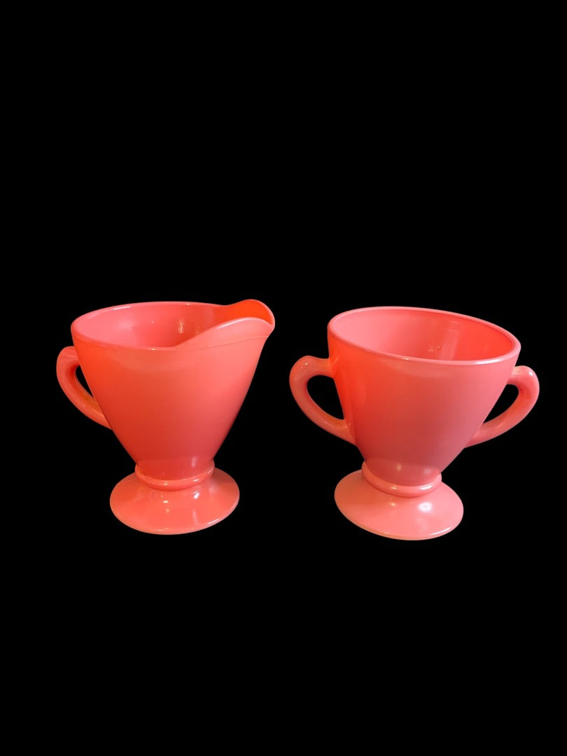 1930s Hazel Atlas Ovide Coral Creamer and Sugar Set Depression Glass