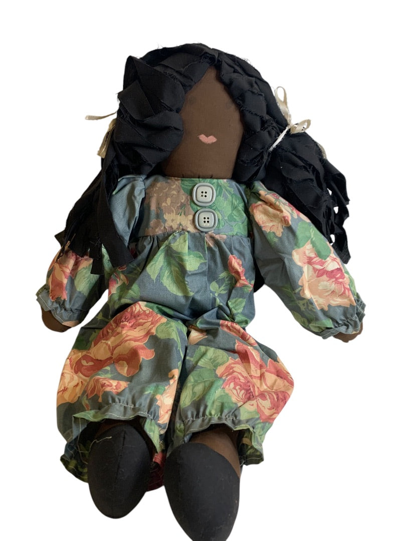 Cloth Doll 22 Inch Girl in Floral Romper Pigtails