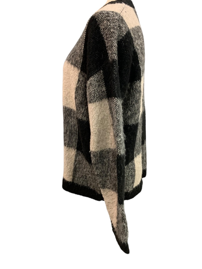 Large Lucky Brand Womens Wool Blend Sweater Buffalo Plaid Gray Black