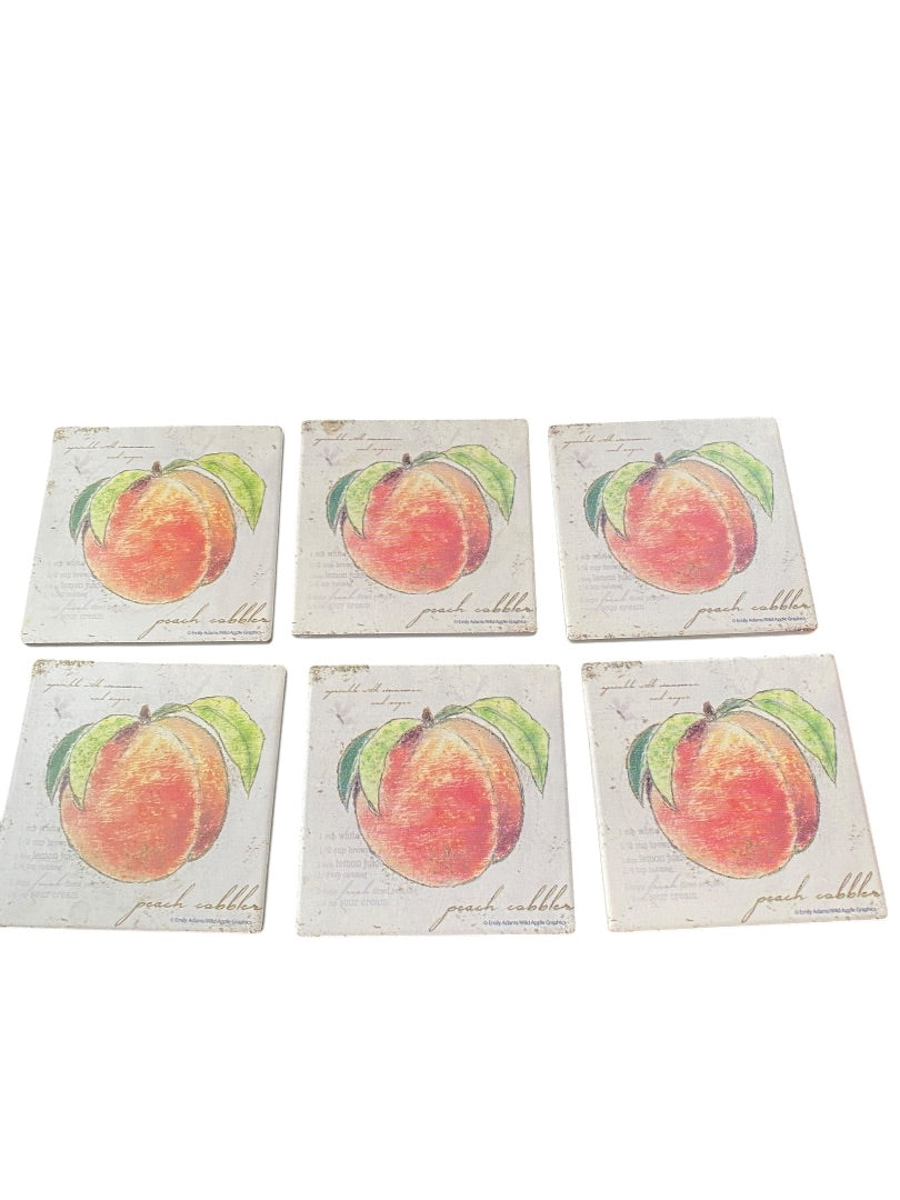 Set of 6 Tile Drink Coasters Cork Backed Peach Cobbler Design 4.25" Square