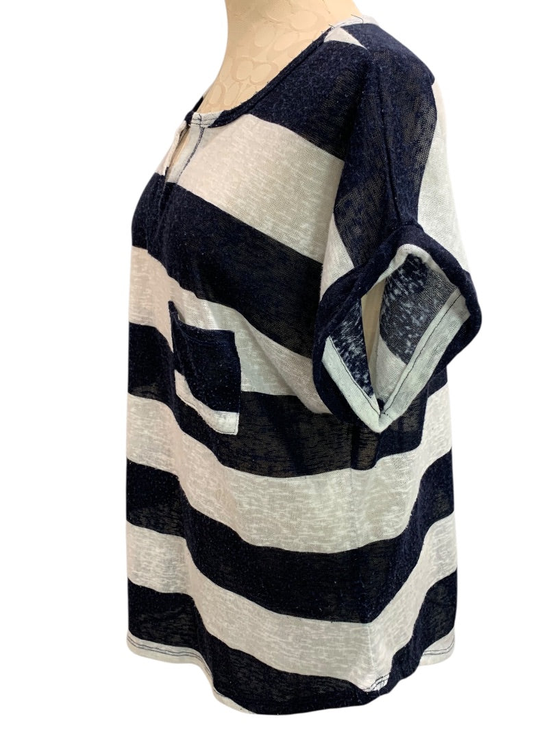 XL Petite Womens Navy Blue White Striped Lightweight Sheer Sweater V-Neck Pocket