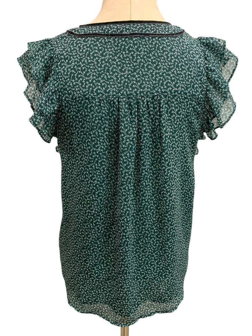 XS Loft Womens Emerald Green Popover Blouse Shirt Velvet Trim Floral