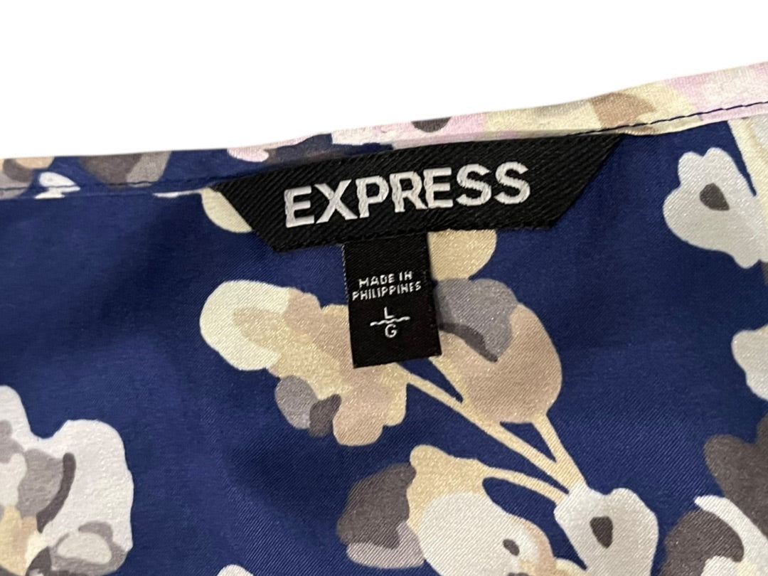 Large Express Floral Scoop Neck Elastic Waist Mini Dress Blue Pockets