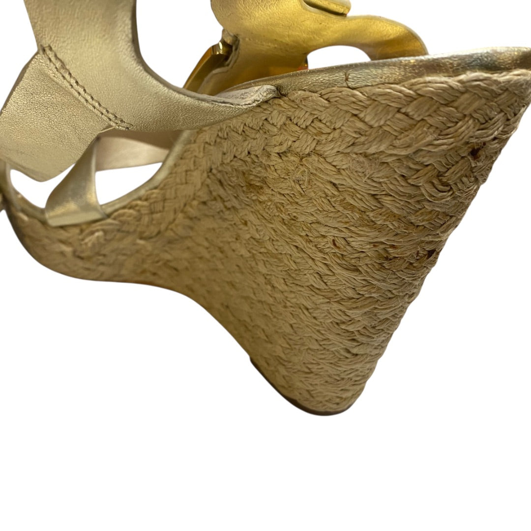 10 Michael Kors Giovanna Gold Strappy Wedge Sandals Metallic 5" Espadrilles