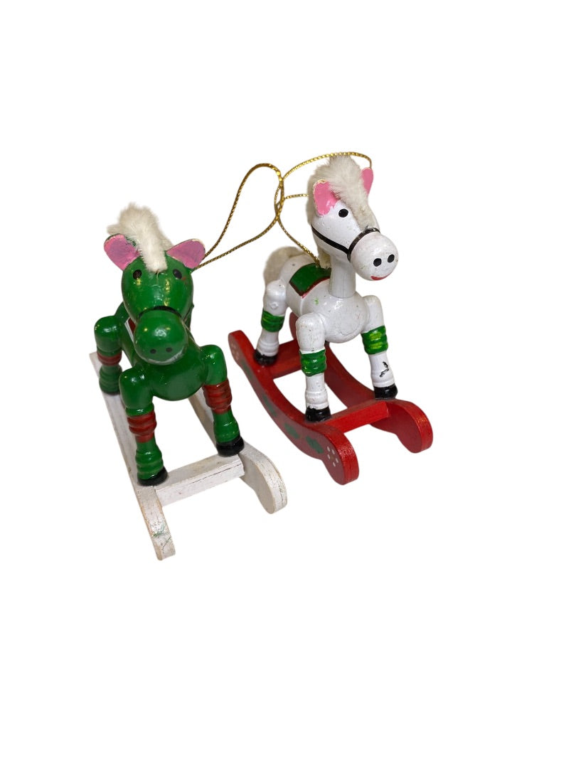 Vintage Wooden Christmas Holiday Ornaments Rocking Horse 4"