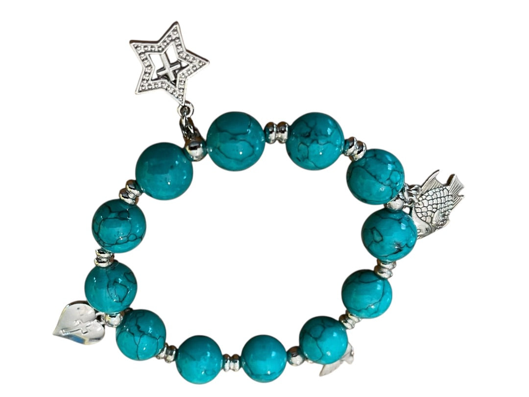 Beaded Stretch Silvertone Fish Dove Star Religious Stretch Bracelet Bright Blue