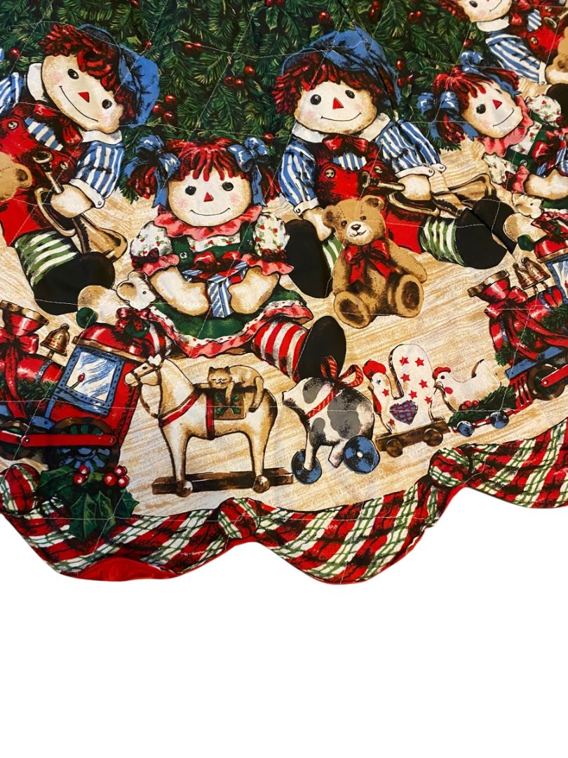 Vintage Christmas Tree Skirt Raggedy Ann Andy Quilted Fabric Christmas Tree Skirt 53" Red Satin Back