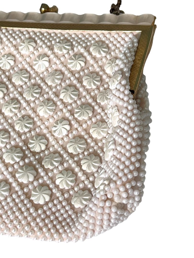 Small White Beaded Evening Bag Gold Chain And Kisslock Purse Handbag Vintage
