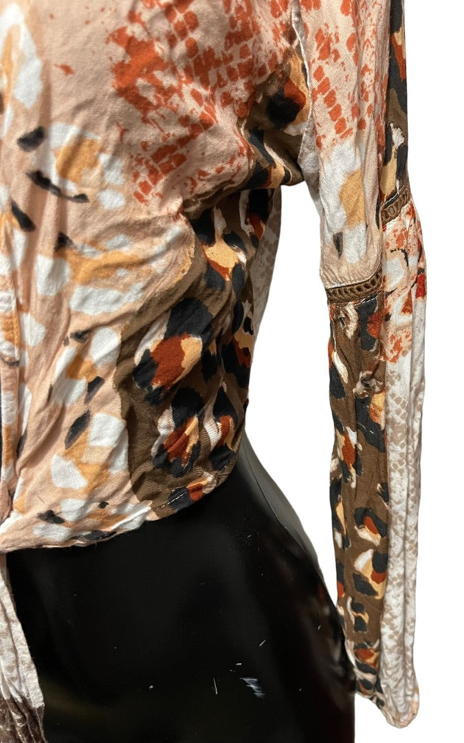 XS Raga Congo Women's Brown Multi Print Tie Front Crop Top Long Sleeve Blouse