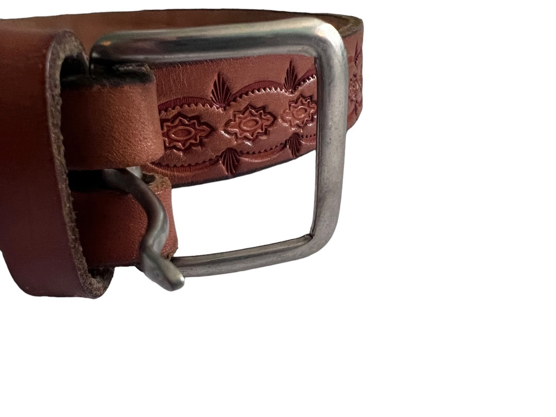 30 Hand Tooled Leather Western Belt Brown Cowboy Anchor Stamped Silver To e Metal Buckle