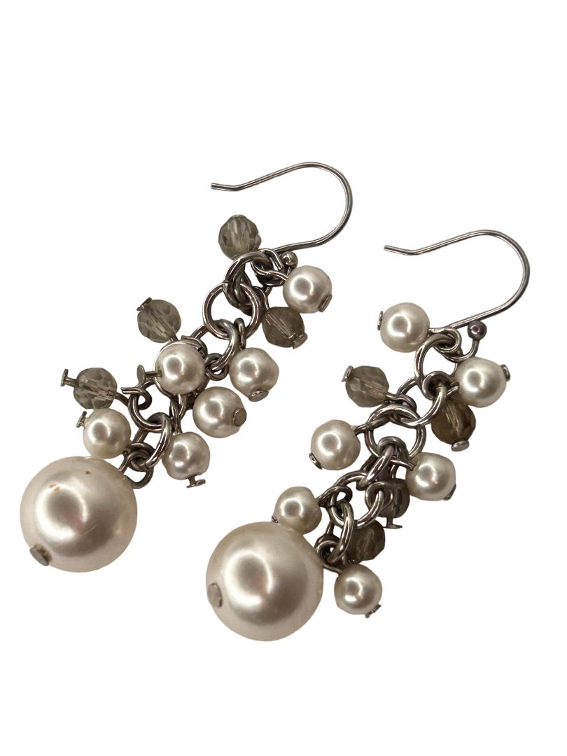 Faux Pearl Gray Crystal Earrings Pierced Hook 1 5/8" Drop Dangle