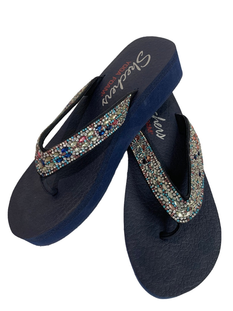 Size 8 Skechers Yoga Foam Platform Flip Flop Sandals Jeweled Navy Blue
