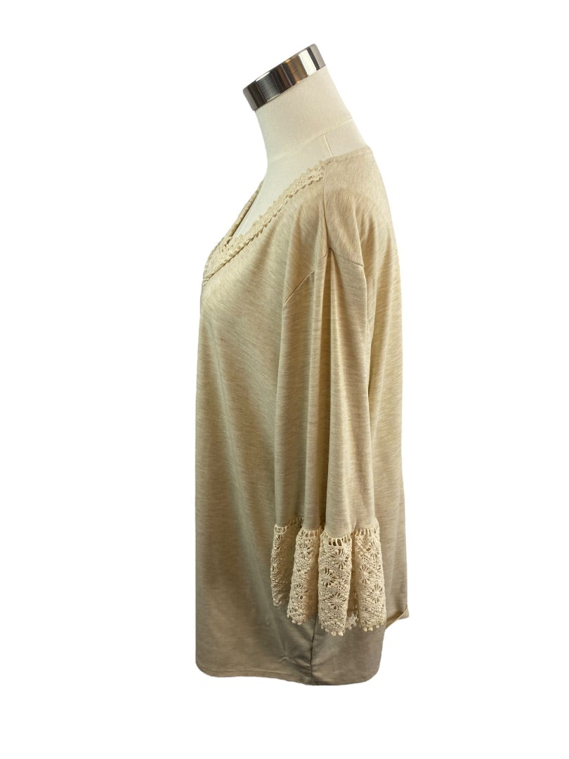 2X Ruby Rd Women's Oatmeal V-Neck Crochet Trim Pullover Top Shirt