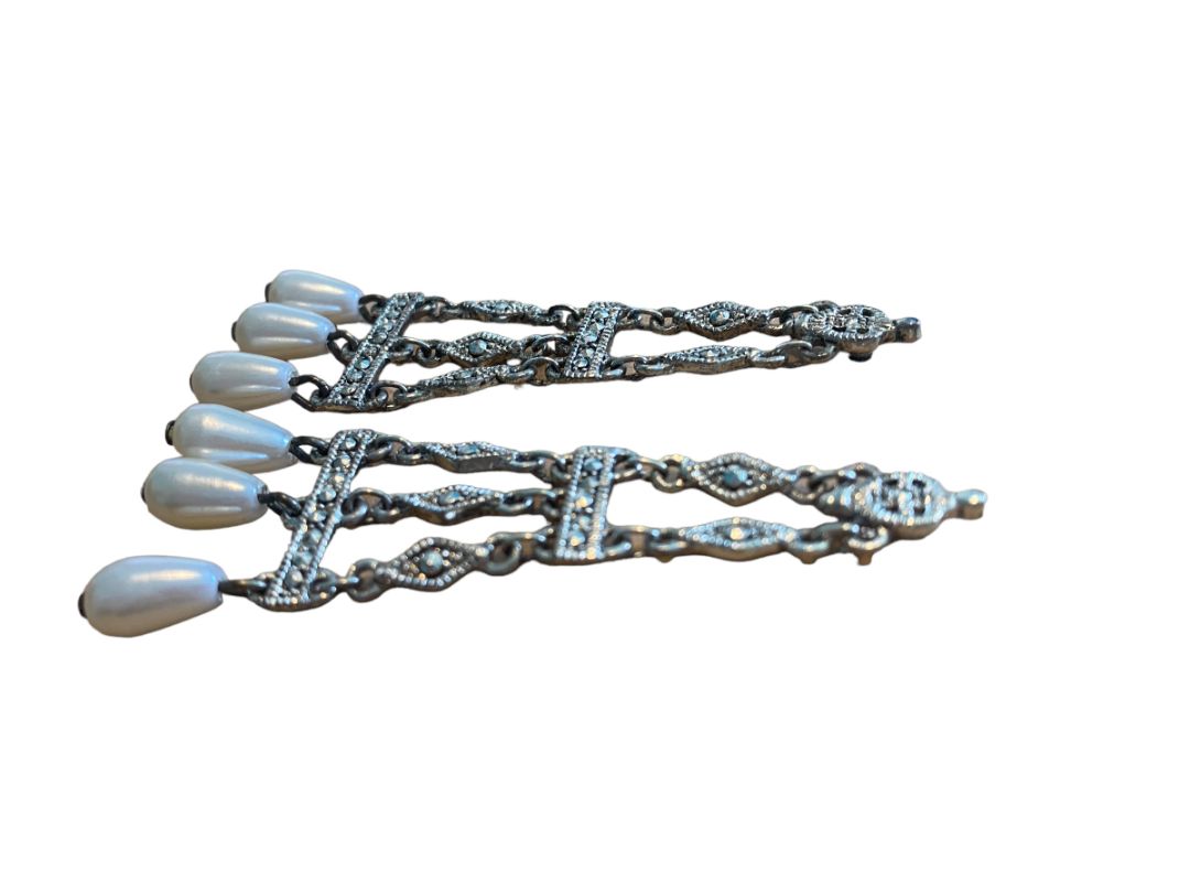 Chanedelier Teardrop Faux Pearl Silvertone Ornate Pierced Earrings