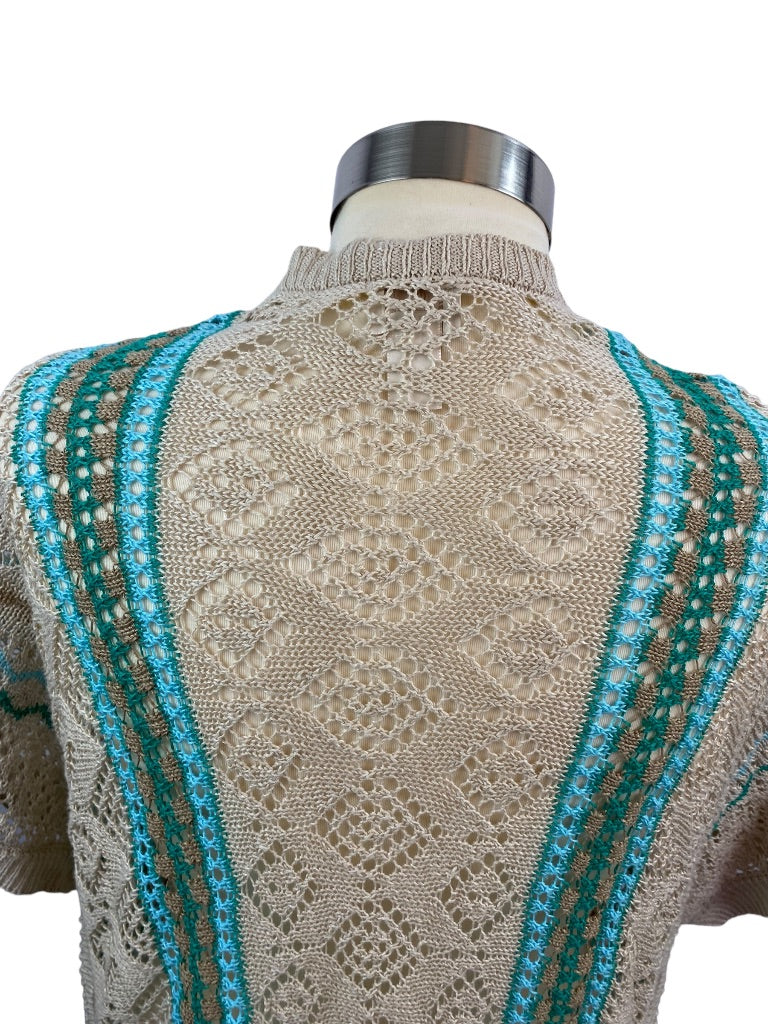 Small Chico's Women's Summer Linen Boho Fringed Loose Knit Cardigan Sweater