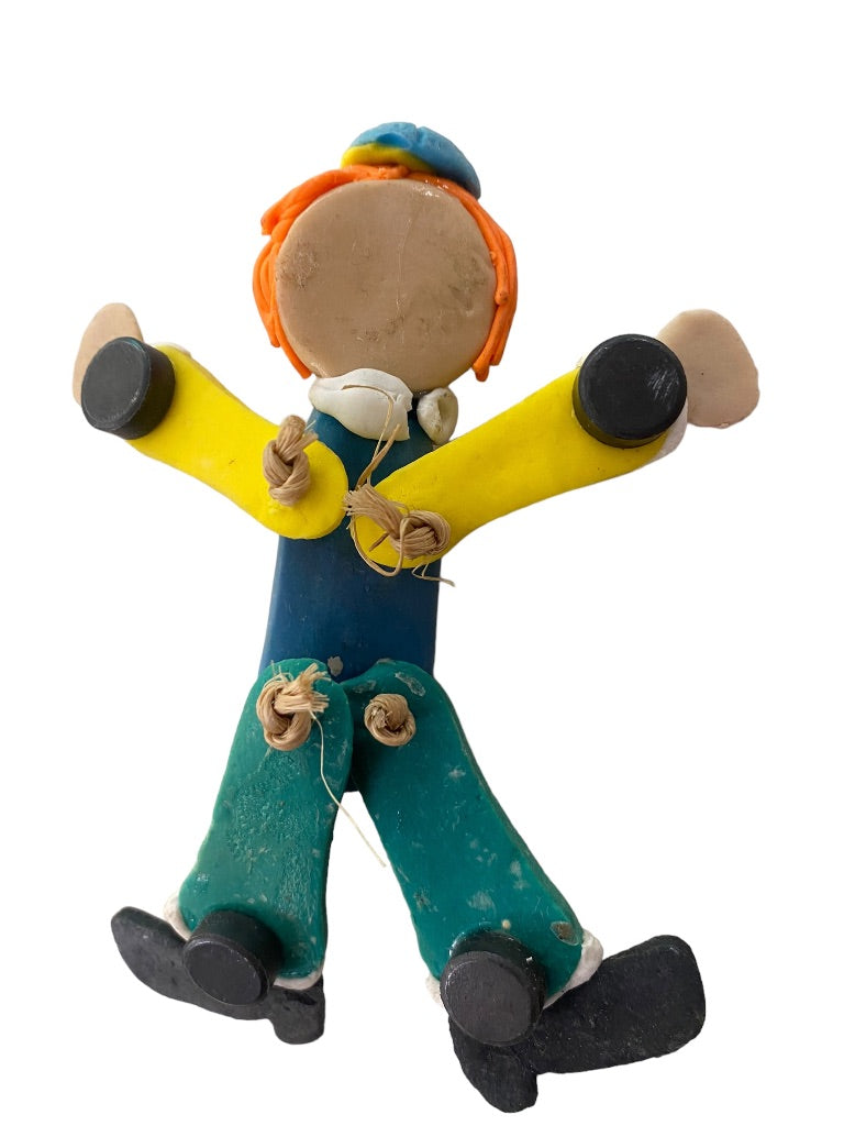 Handmade Clay Clown Articulated Magnet 5" Blue Green Yellow with Cap