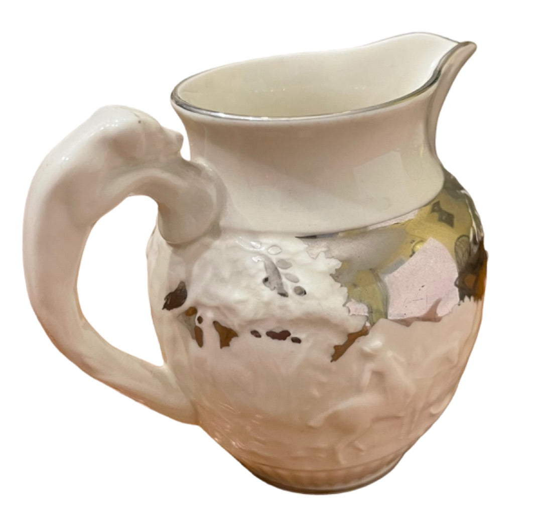 Vintage Wedgwood Eturia Barlaston Creamer Ivory Silver Horse Hound Hunt 4"h